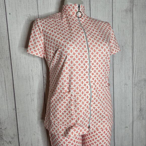 Fuzzy Retro UK Vintage 1960s Inspired 2 Piece Peach & White Geometric Pantsuit - Picture 4 of 10